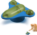 Blue interactive pet puzzle spinner toy with bell, catnip, and treat cabin on a smooth floor