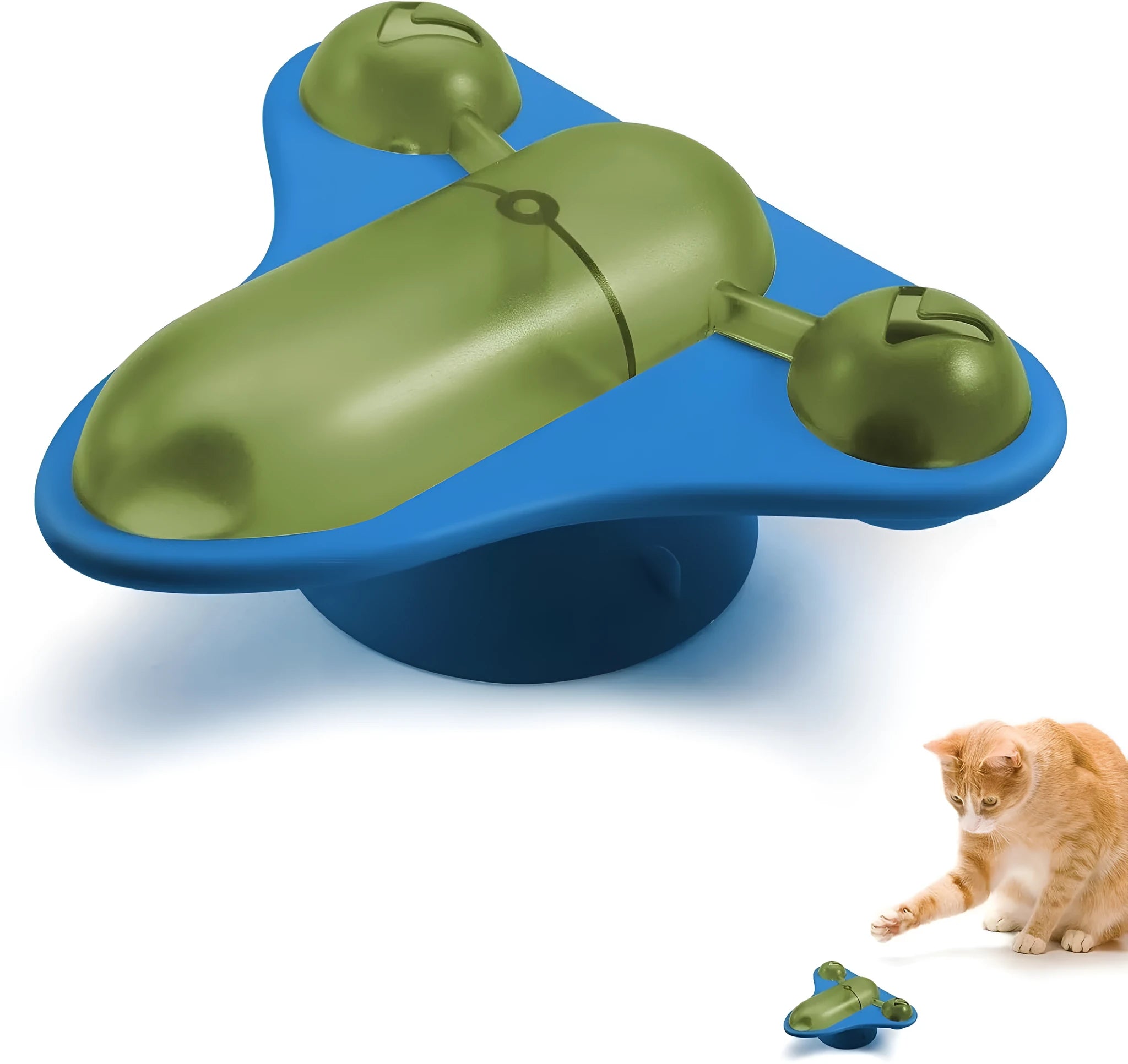Blue interactive pet puzzle spinner toy with bell, catnip, and treat cabin on a smooth floor
