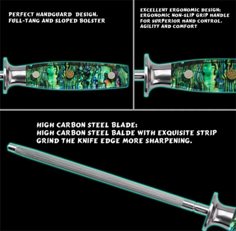 High carbon steel household knife sharpener with abalone shell handle.