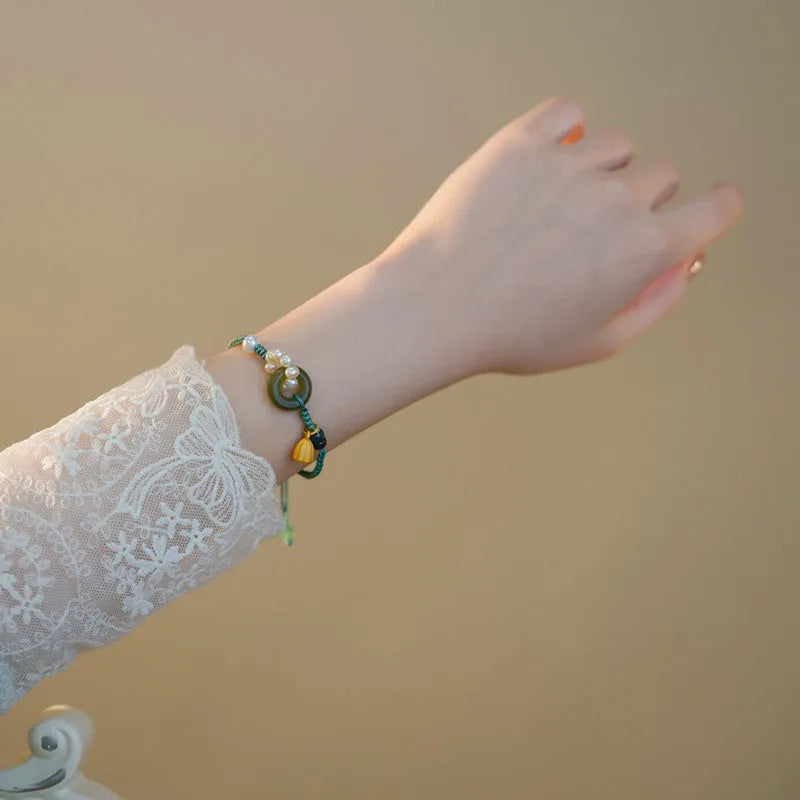 Hand-woven DIY watch band with pearl decorative elements in pearl peace buckle colour, retro style design