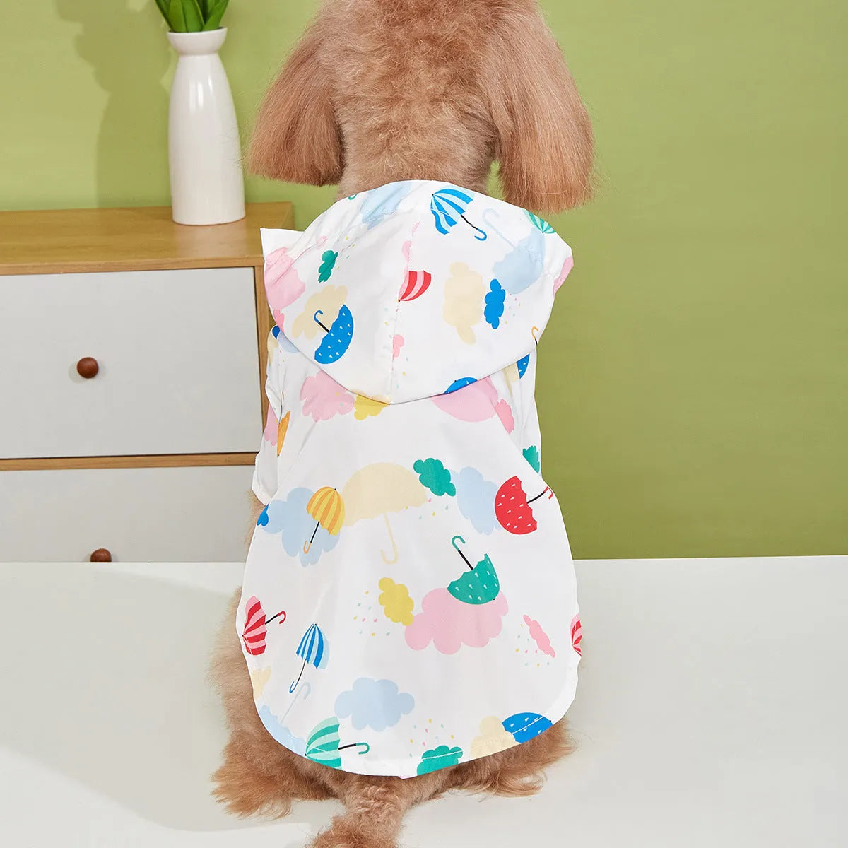 Colourful cartoon umbrella pattern dog raincoat in polyester material for wet weather protection