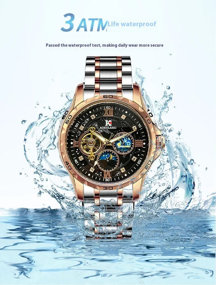 Automatic mechanical men's watch with rose gold case and black dial on wrist.