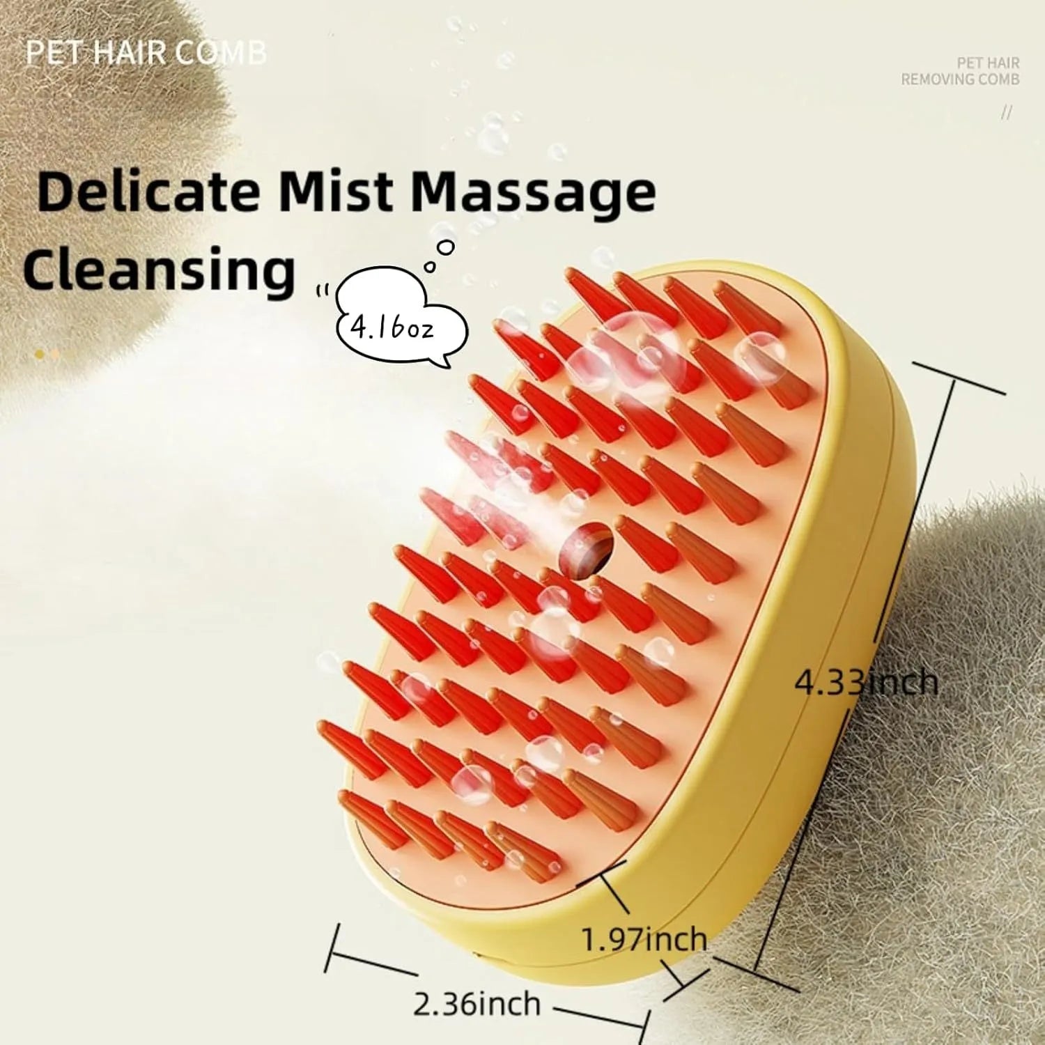 White or yellow rechargeable steam pet brush for dogs and cats on a plain background