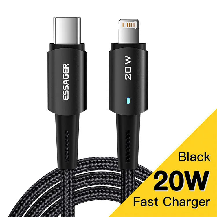 27W PD fast charging mobile phone cable with aluminium alloy section and indicator light in black colour
