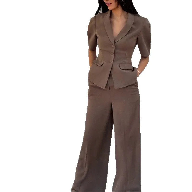 Brown men's slim fit polyester suit jacket and trousers on a hanger