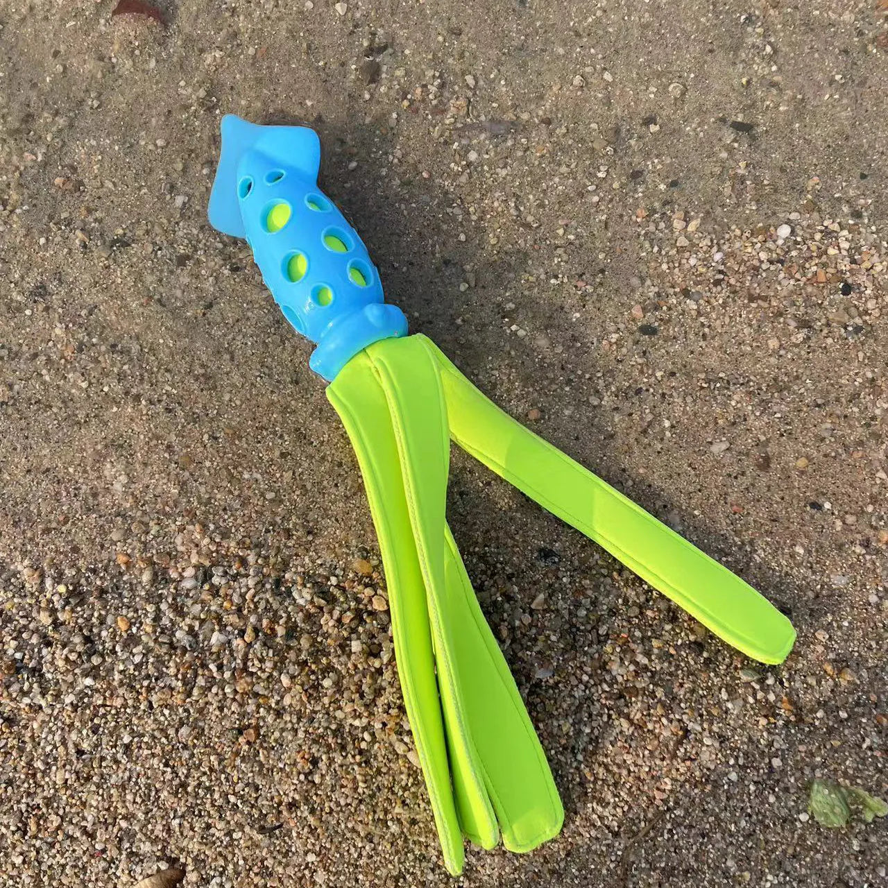 Blue cuttlefish-shaped dog chew toy with squeaky sound device for interactive play