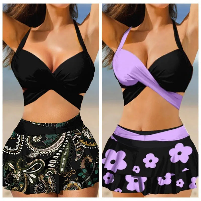 Black high-waist women's bikini with lace-up back and matching swim skirt laid flat.