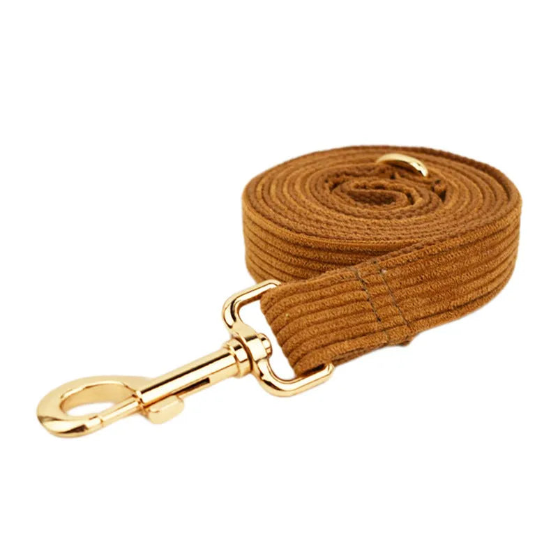 Caramel corduroy five-piece pet collar set with bow, vest, and poop bag on a dog