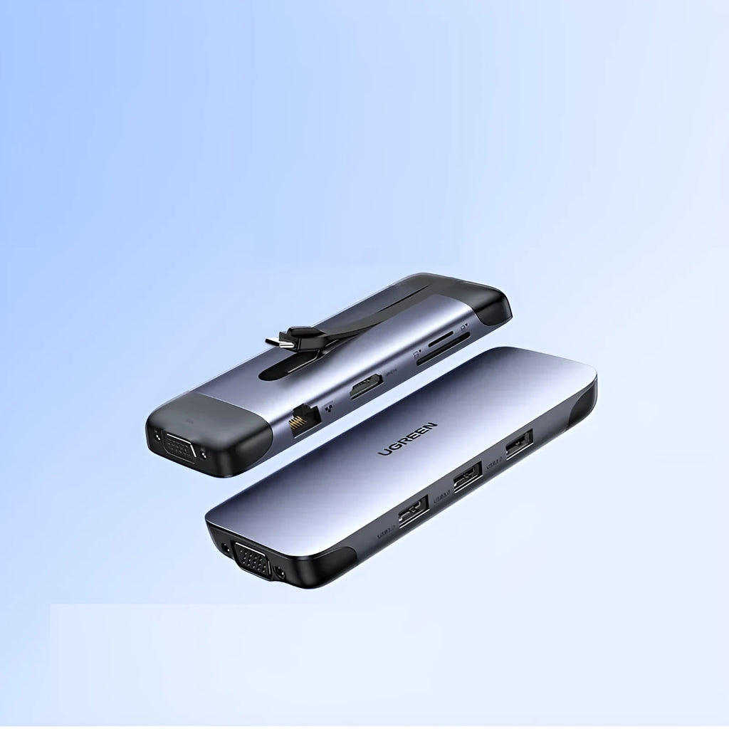 USB C docking station expansion hub with 9cm cable, showing 5-in-1 and 9-in-1 port configuration options.