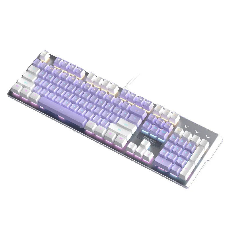 Purple and white mechanical keyboard and mouse combo with backlight illumination and headphones