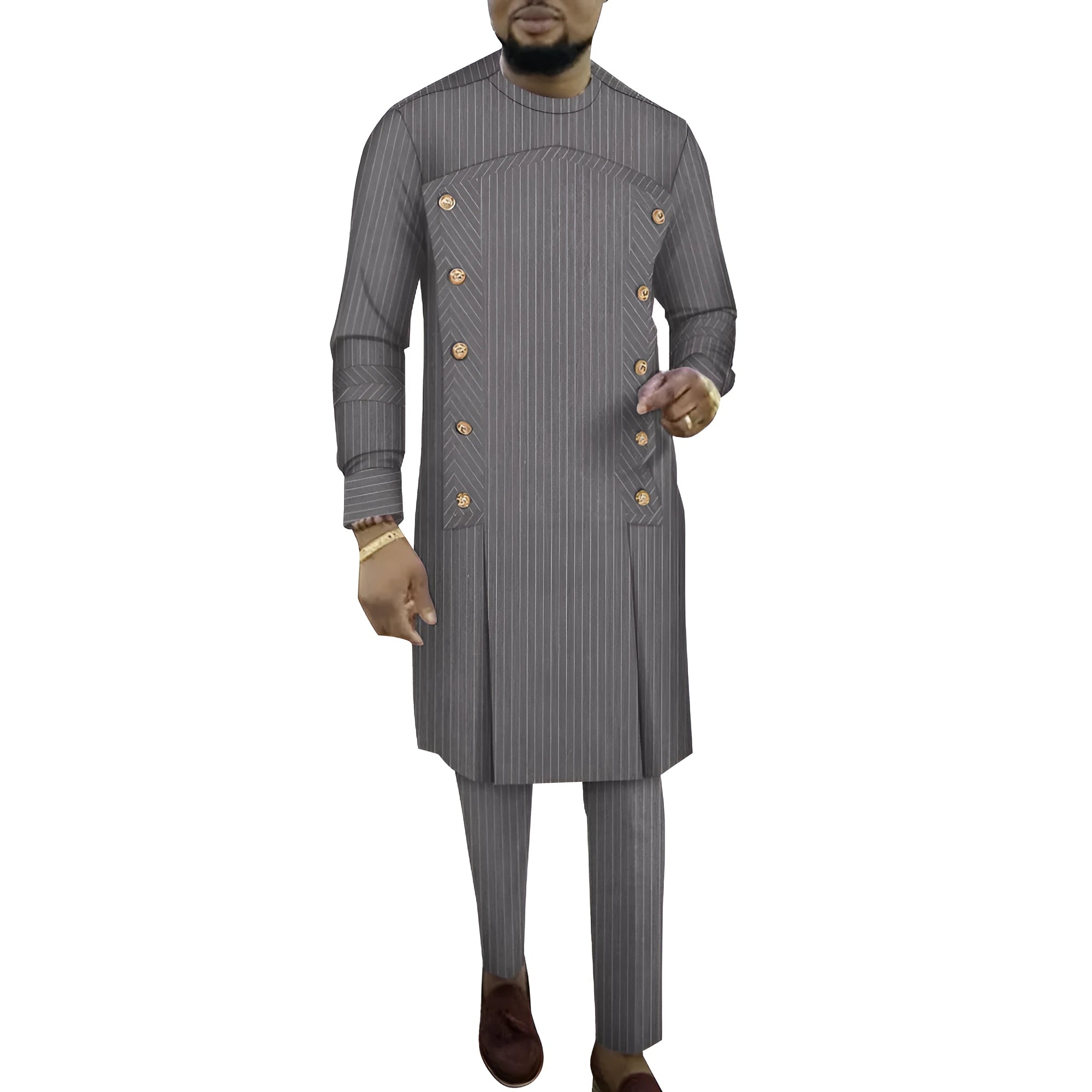 African men's striped cotton two-piece robe set showing long-sleeved top and trousers.