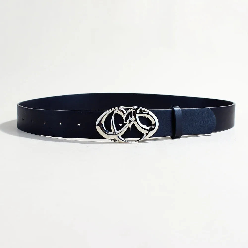 Silver buckle PU leather belt with snap button closure, 105cm length