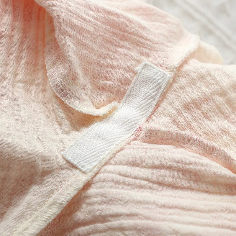Women's pink cotton gauze lace-up trousers and long sleeve top homewear set