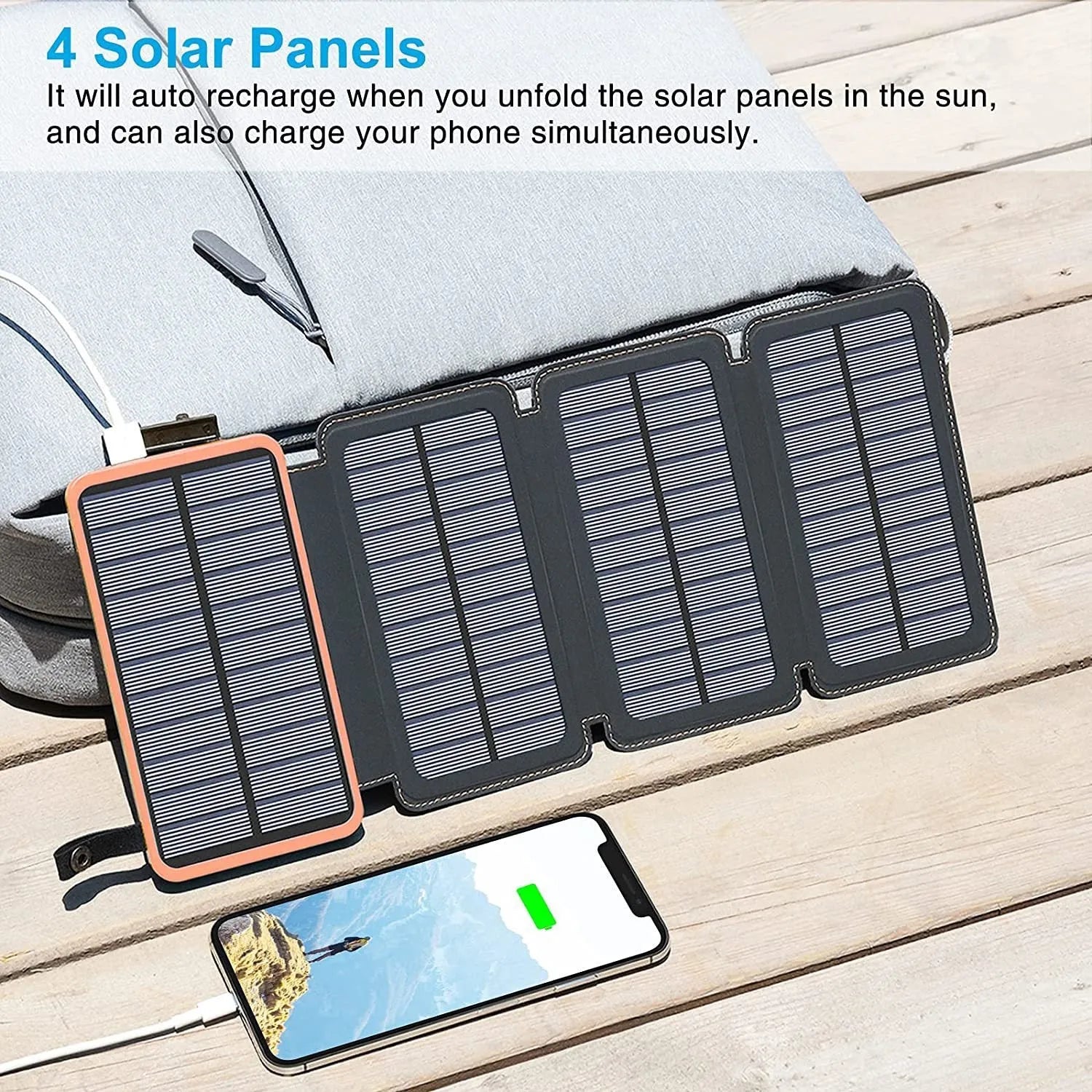 Black outdoor solar power bank with a solar panel, USB ports, and an LED light on a soft leather exterior.