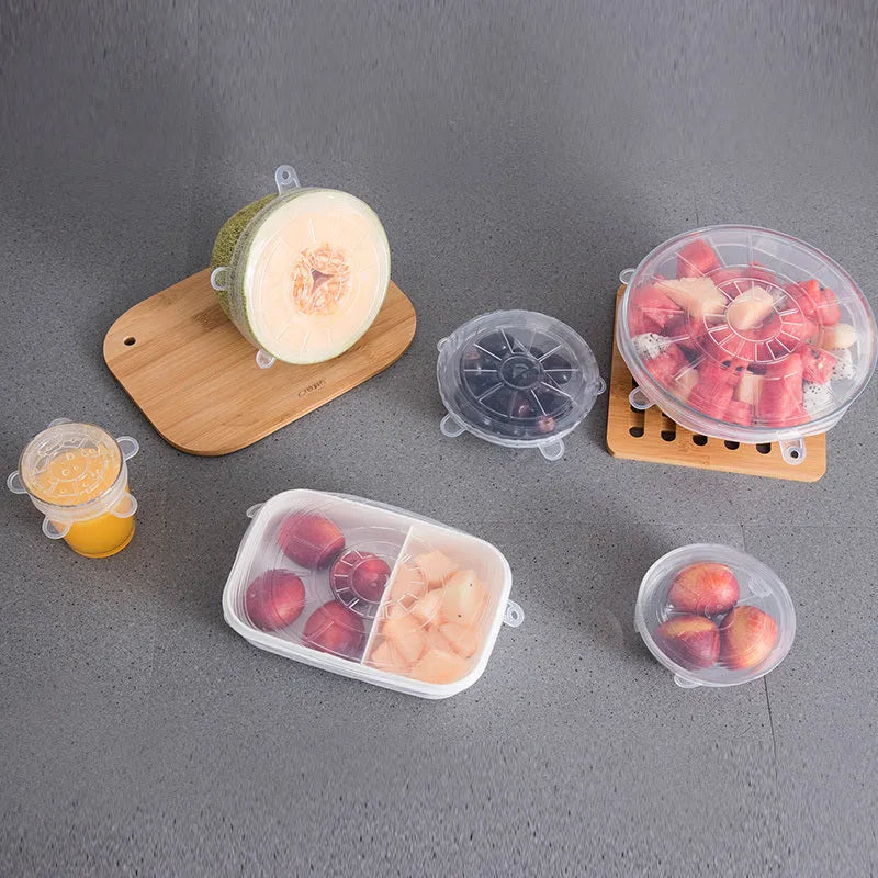 Six silicone stretch food covers in different sizes from 6.5cm to 20.5cm diameter