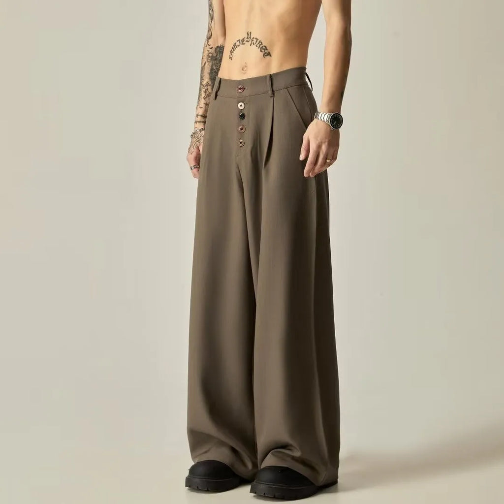 Men's vertical tube wide-leg trousers in solid black colour with micro-elastic waistband