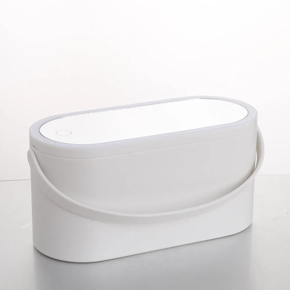 Pink gradient portable makeup storage box with built-in LED mirror and USB charging port