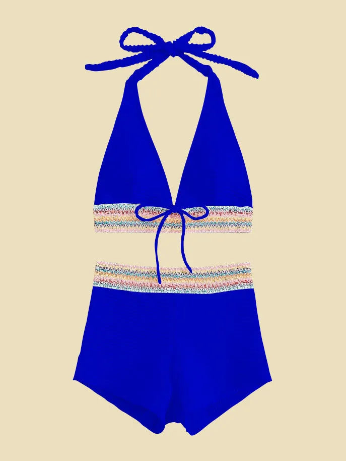 Women's high-waisted bikini swimsuit in polyester with striped or solid pattern in multiple colours