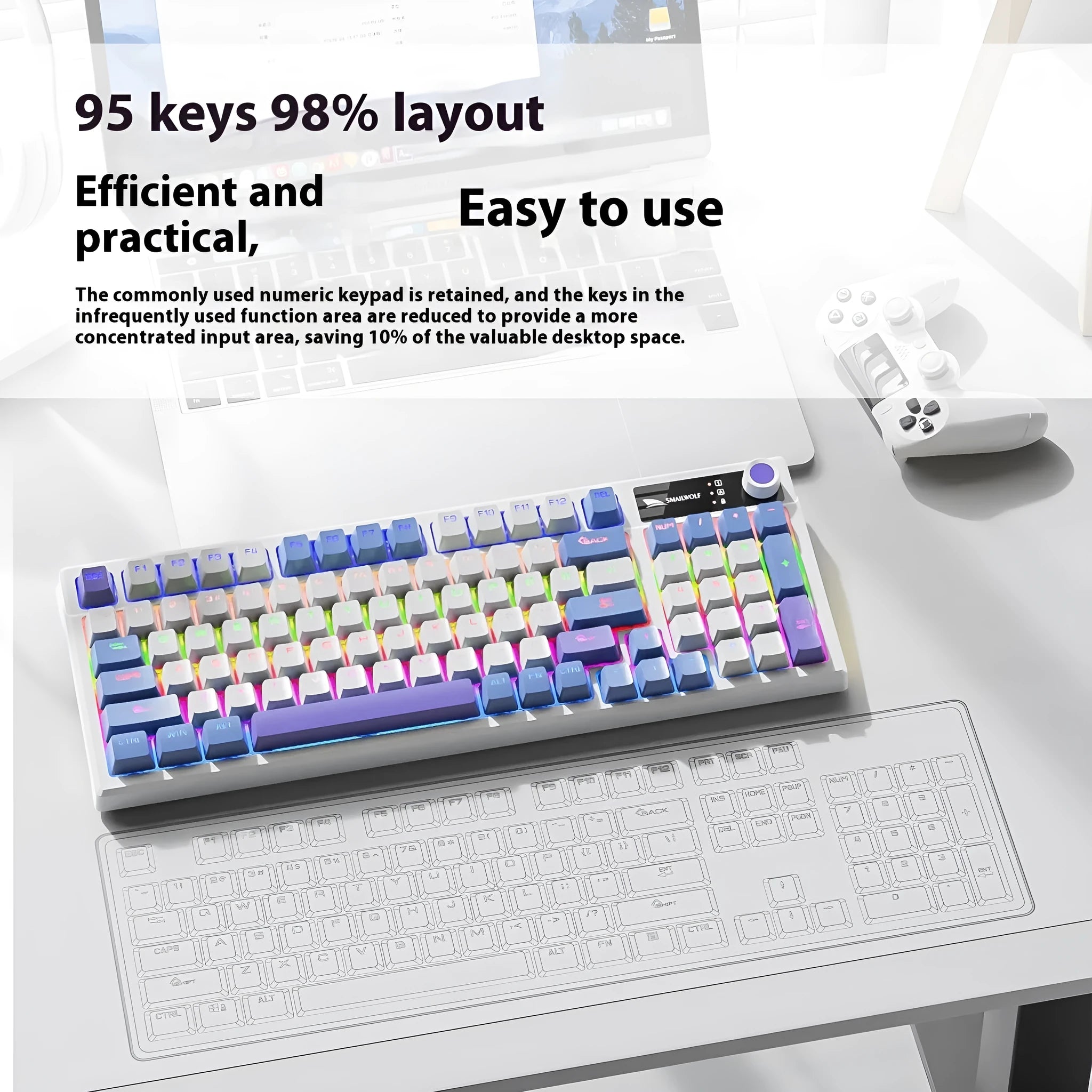 Wired mechanical gaming keyboard with control knob in Black, Sunset Orange, and Autumn Water Blue colour options