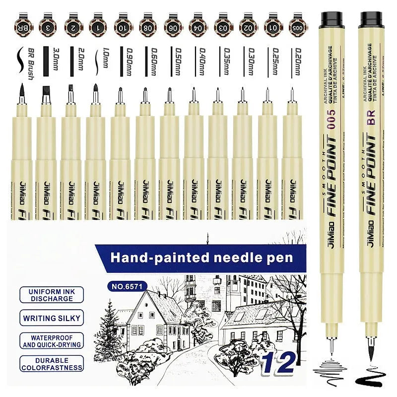 Waterproof hook line art cartoon design needle pen with black refill and 133mm plastic body for painting and writing