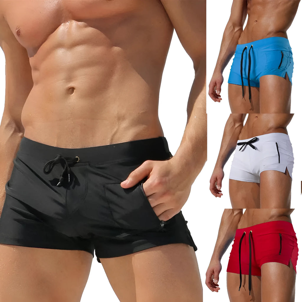 Men's high waist swimming trunks with lace-up front in solid colour