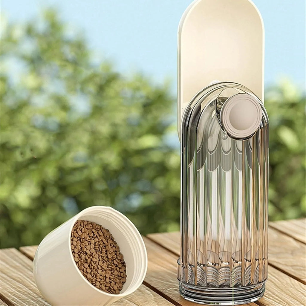 Beige and green foldable leak-proof dog water bottle with food container for outdoor use