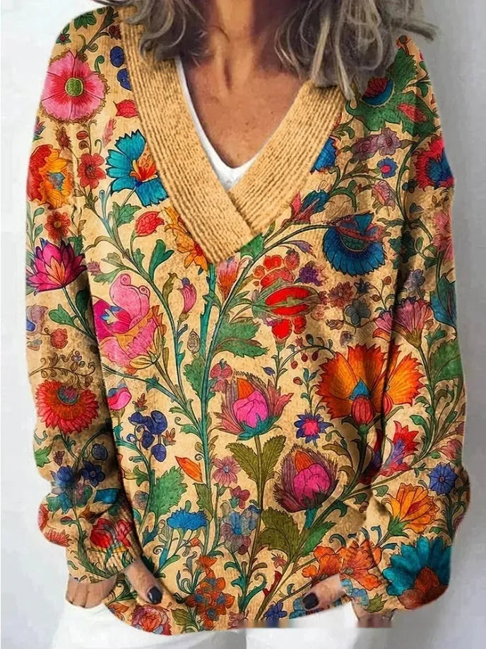 Women's floral pattern 3D printed V-neck sweatshirt with long sleeves