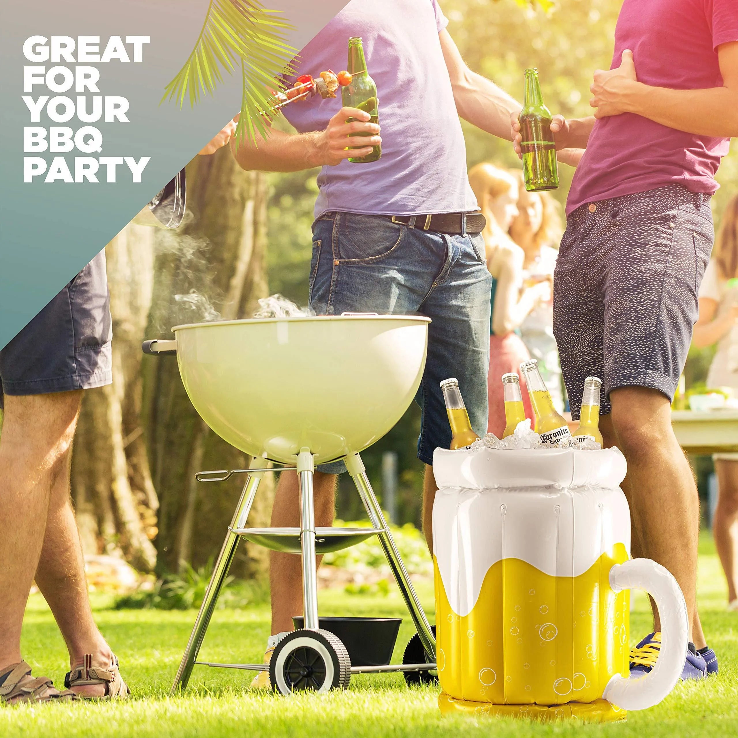 Large yellow inflatable beer mug cooler floating in a pool, showing its 44cm height and drink holders.