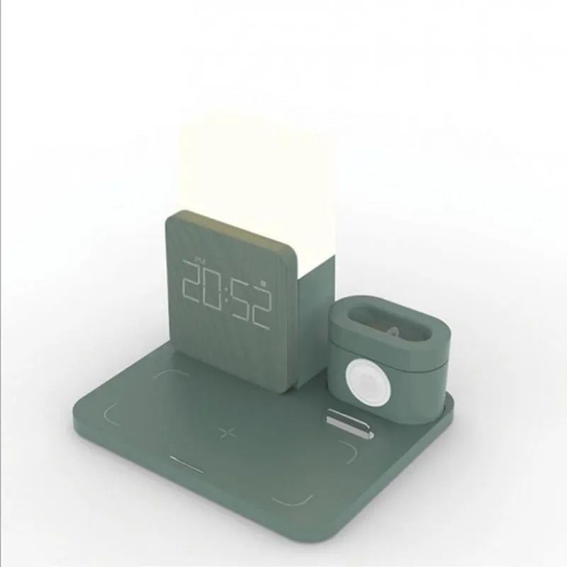 Three-in-one Qi wireless charger stand in dark green colour charging smartphone, earbuds and smartwatch