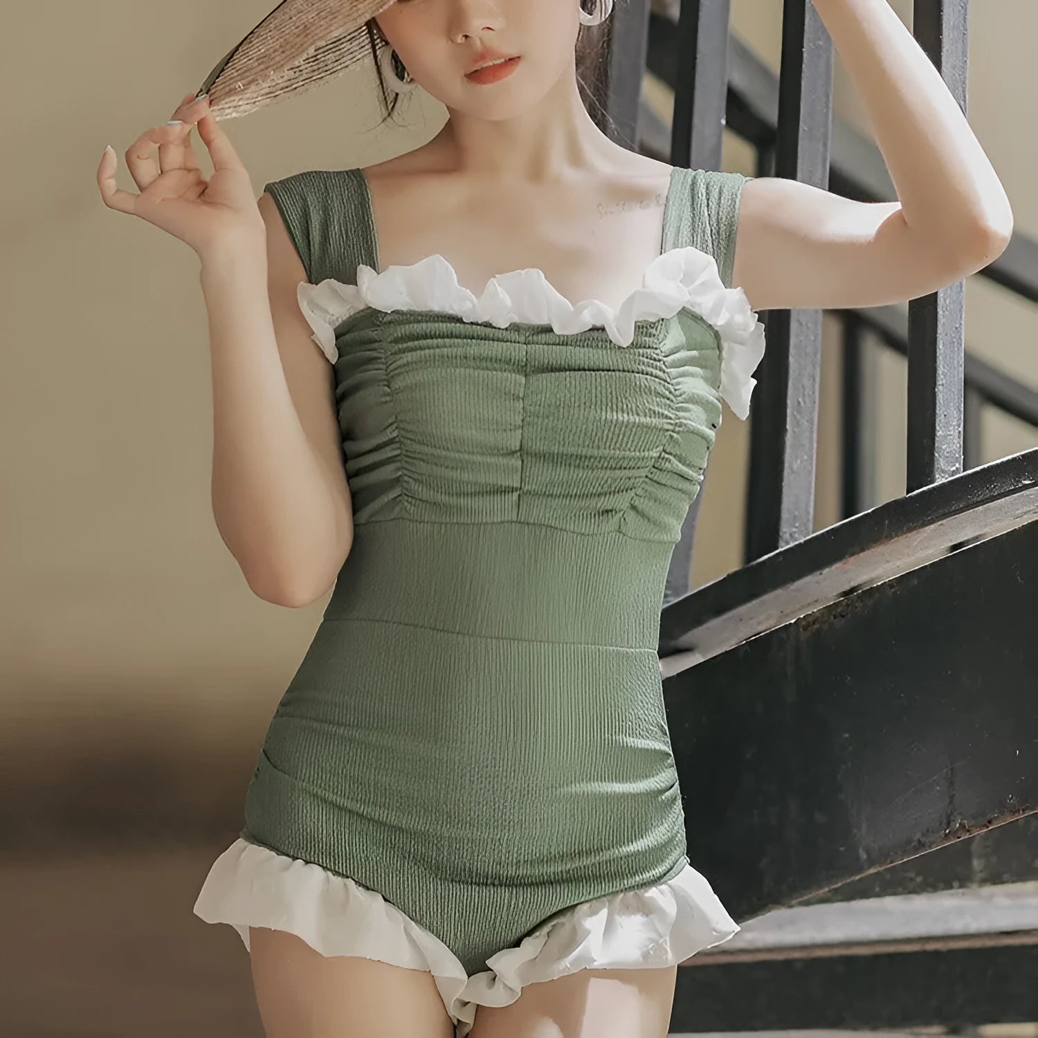Korean style high-waist one-piece swimsuit in black, green, or pink with quick-drying polyester fabric
