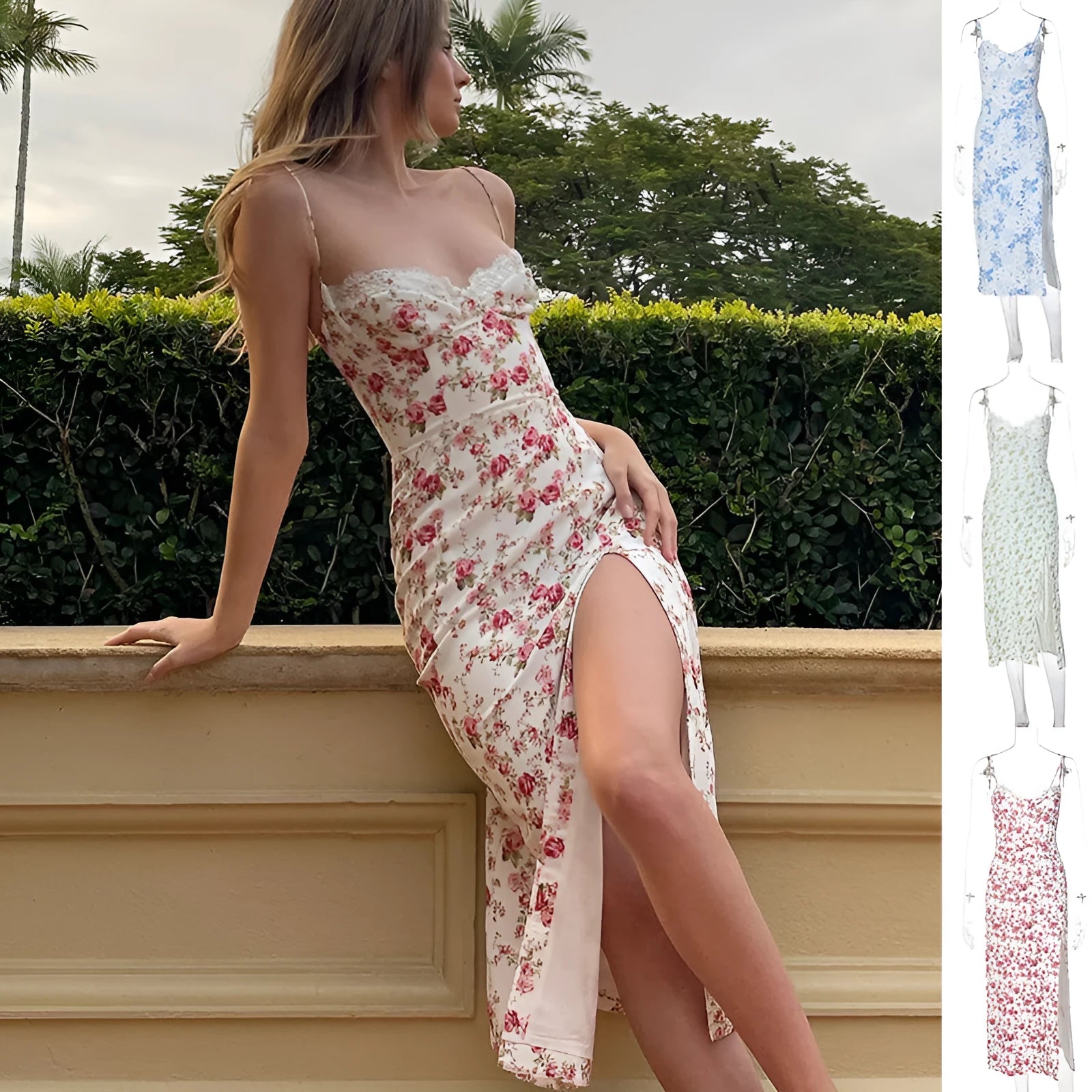 Women's long lace floral print dress with front slit and suspender straps in blue.