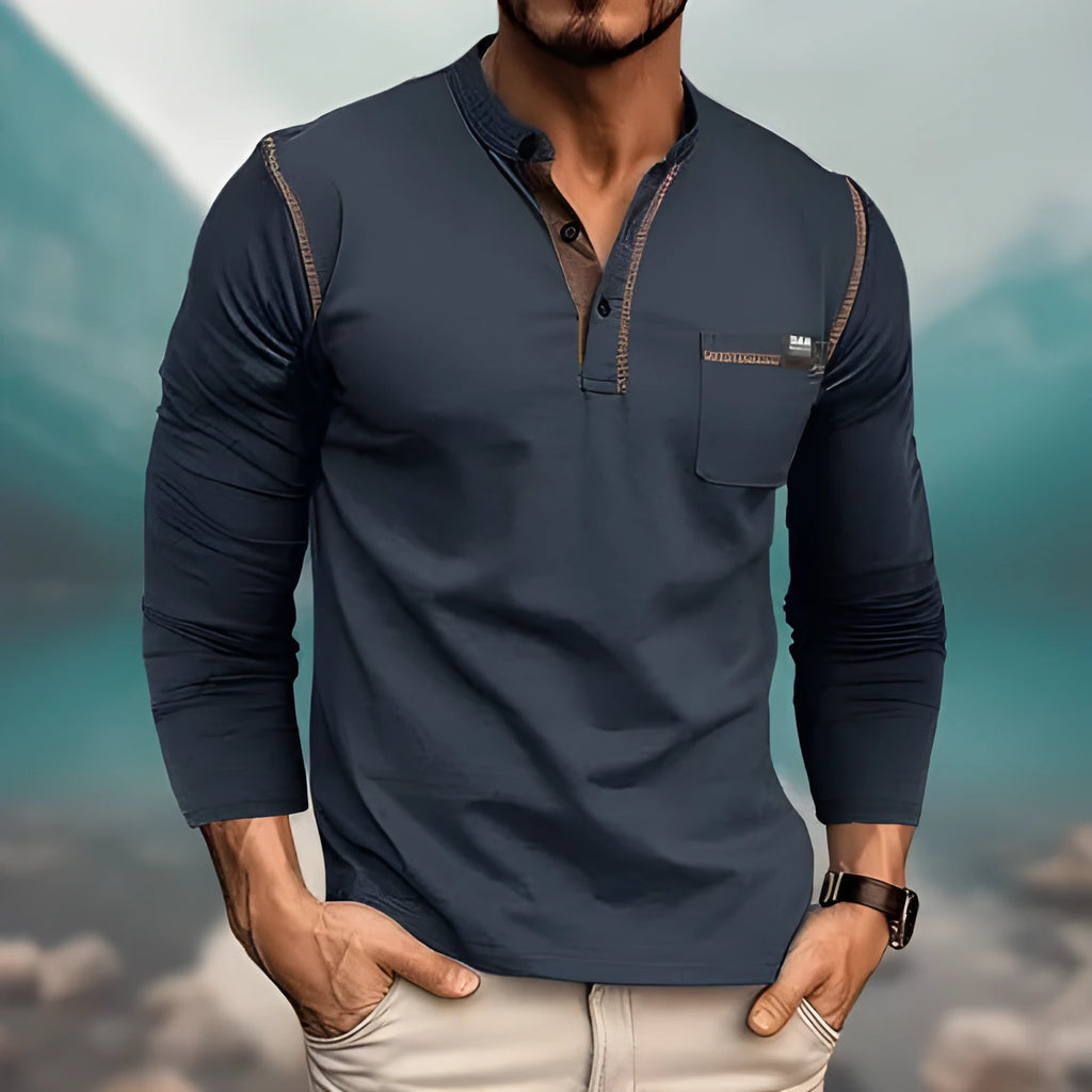 Men's long sleeve cotton blend pullover shirt in six colours: white, dark gray, black, wine red, sapphire blue, dark green. Asian sizes S-XXL.