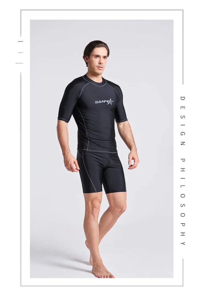 Men's half sleeve quick-dry wetsuit for snorkeling and surfing with matching swim pants