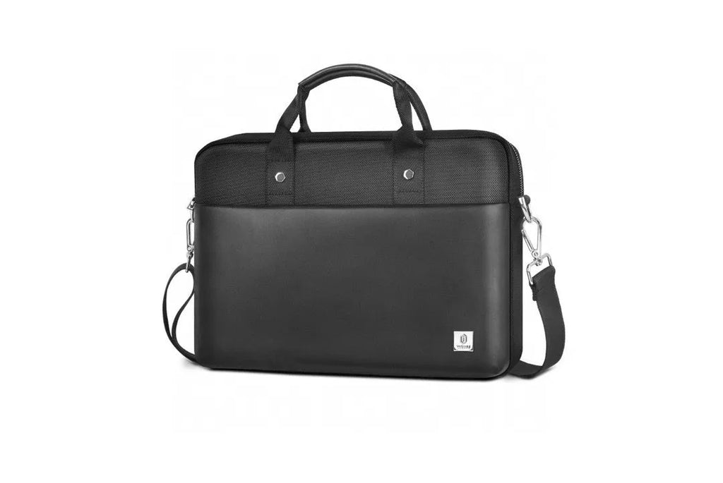 Black Oxford cloth multi-pocket laptop handbag open to show separate organiser layers and laptop compartment.
