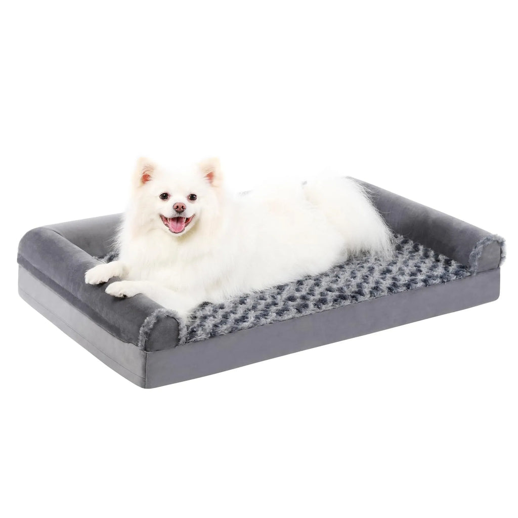 Grey U-shaped dog sofa with removable velvet cover and sponge filling in seven size options