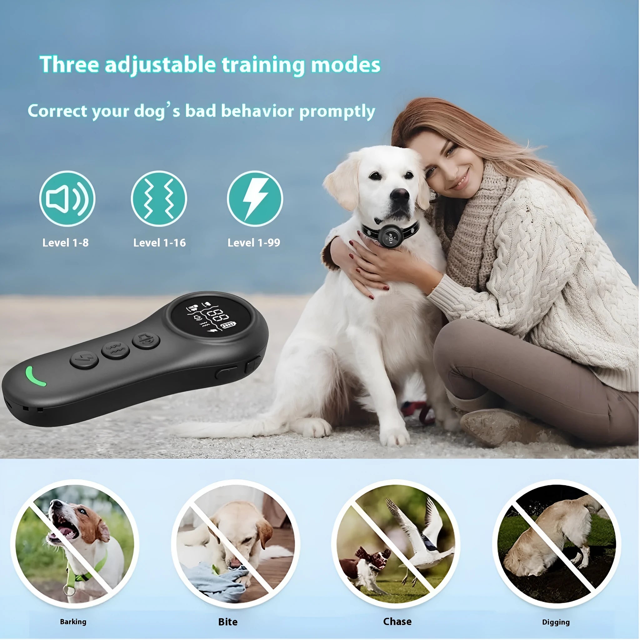 Smart 3-in-1 dog trainer bark stopper with multiple training modes made from ABS plastic