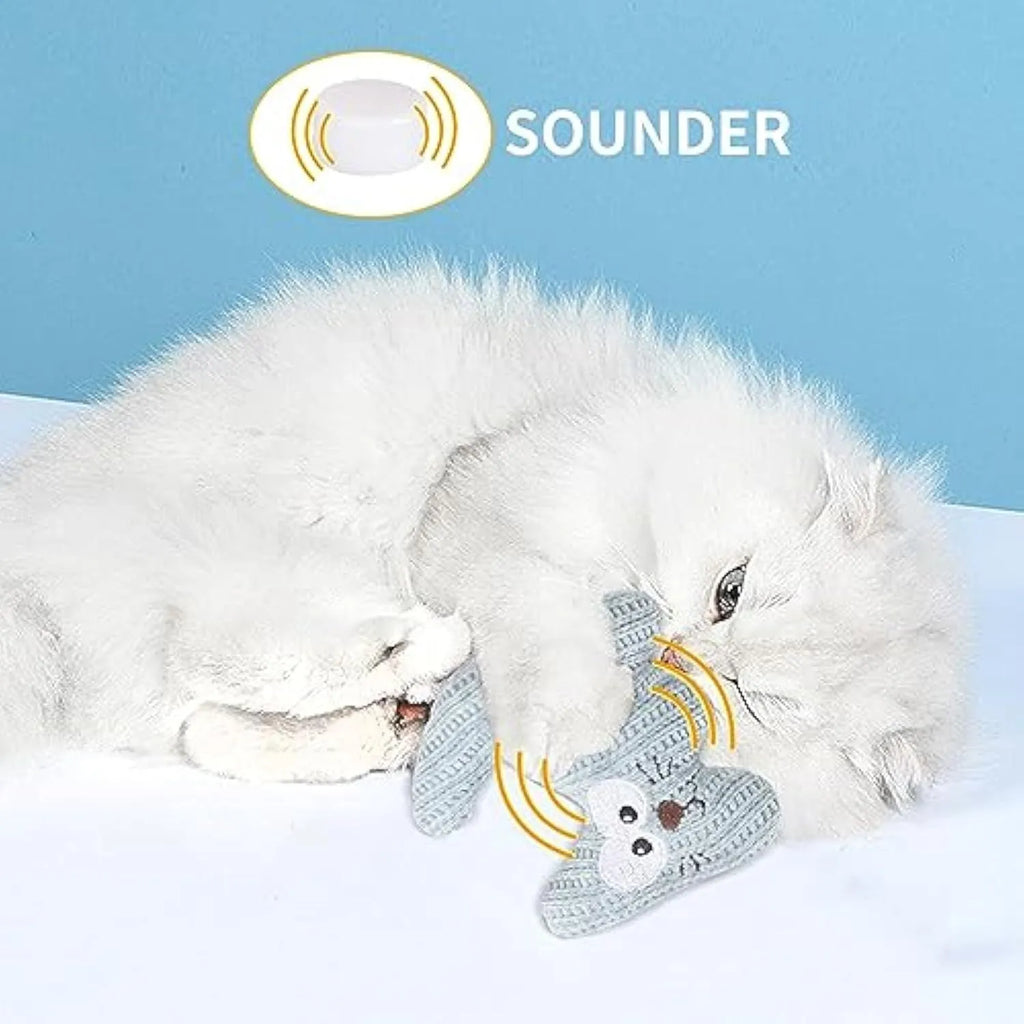 Cyan plush cat toy with bell and catnip, shown next to a light coffee coloured version.