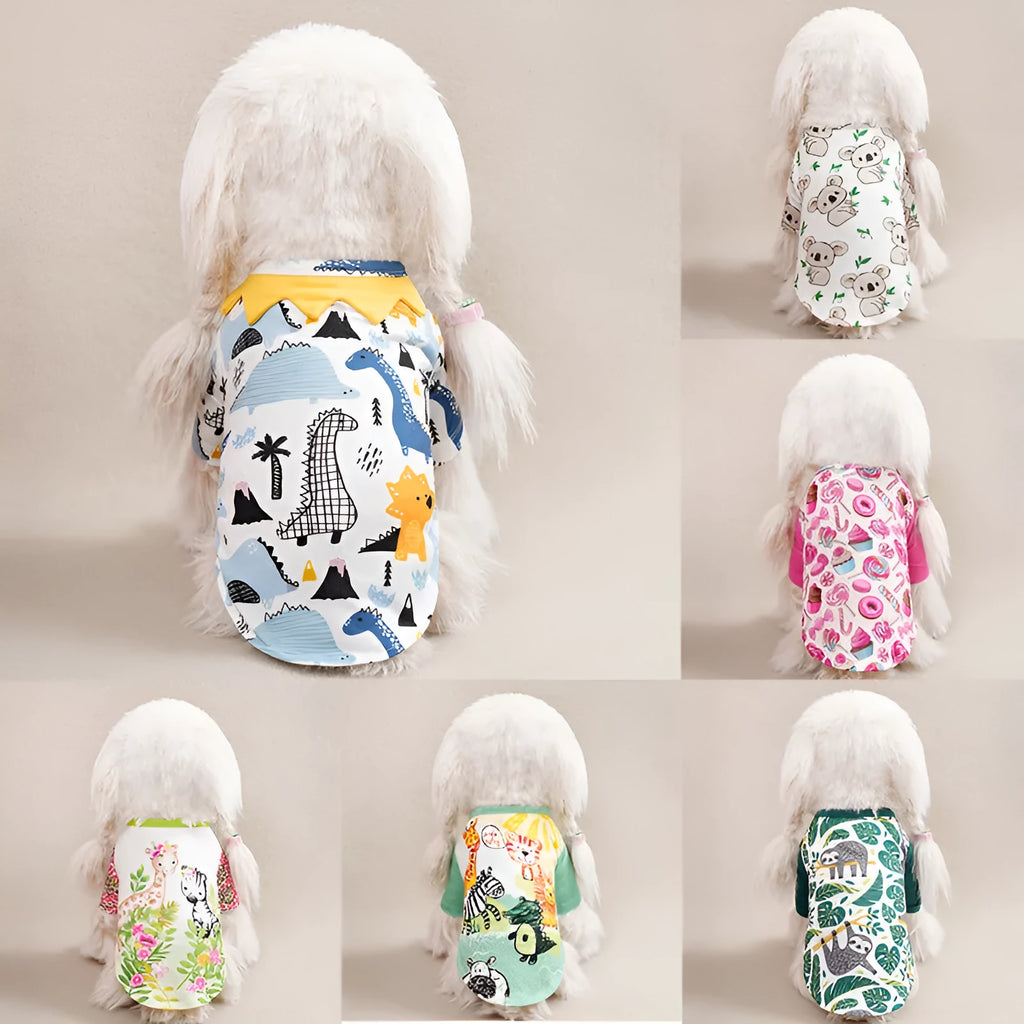 Colourful printed polyester t-shirt on a small dog, showing the casual fit and design.