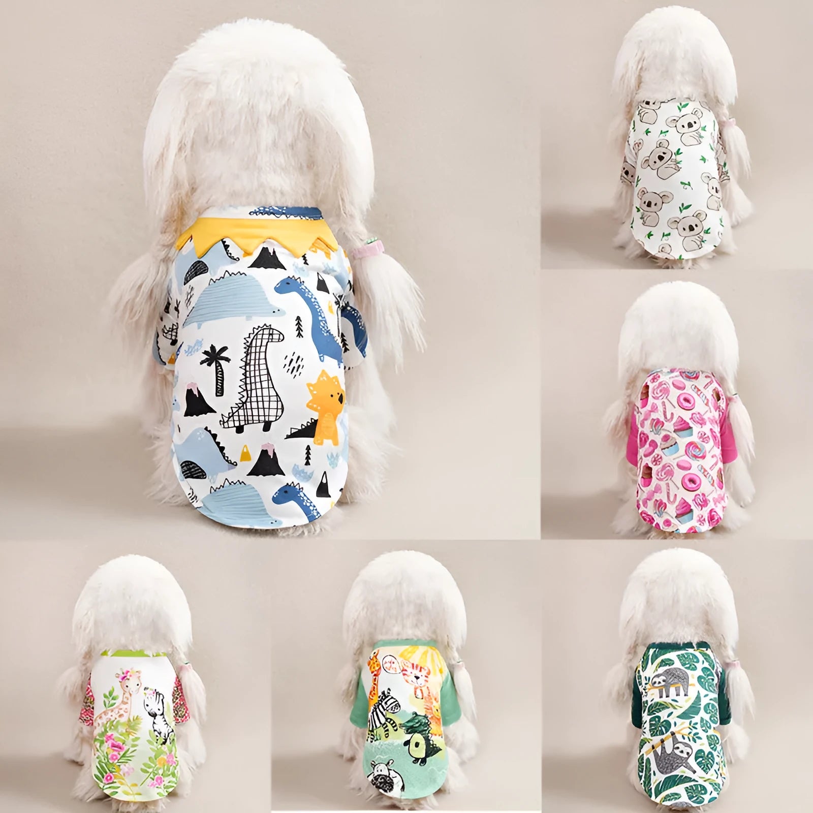 Colourful printed polyester t-shirt on a small dog, showing the casual fit and design.