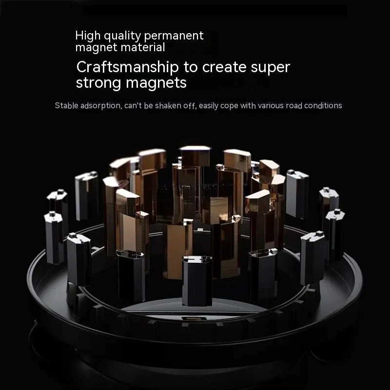 All-metal foldable magnetic car phone mount in Qian colour showing dashboard placement with phone attached