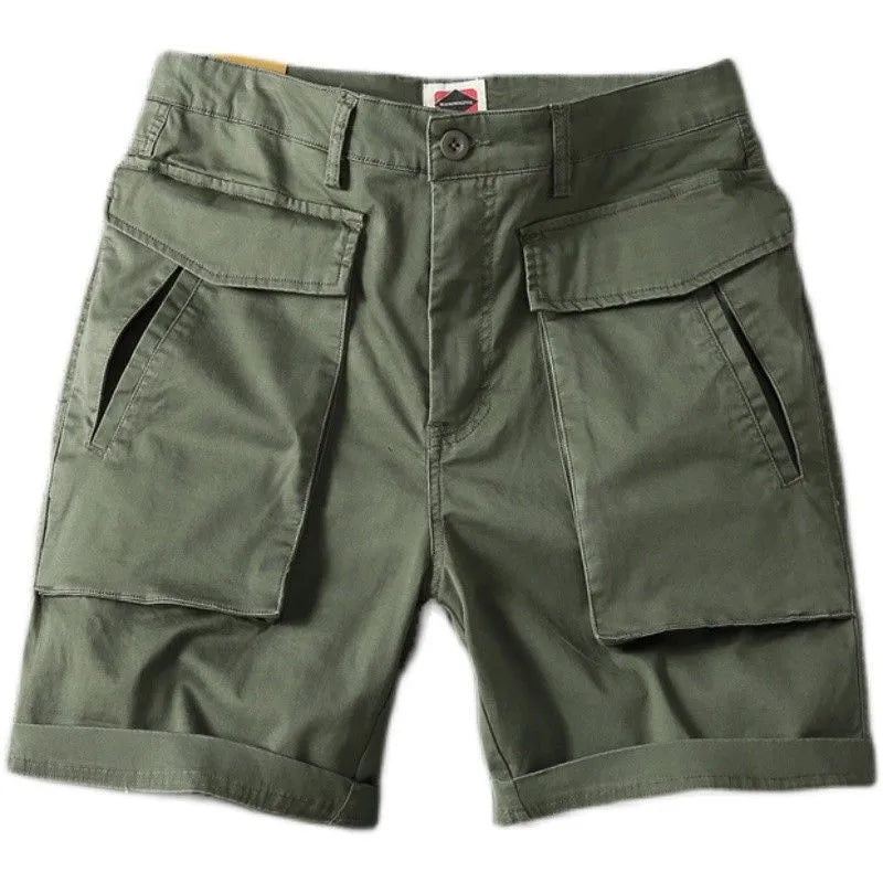 Men's straight-leg cotton cargo shorts with stretch in multiple colour options on a size chart.
