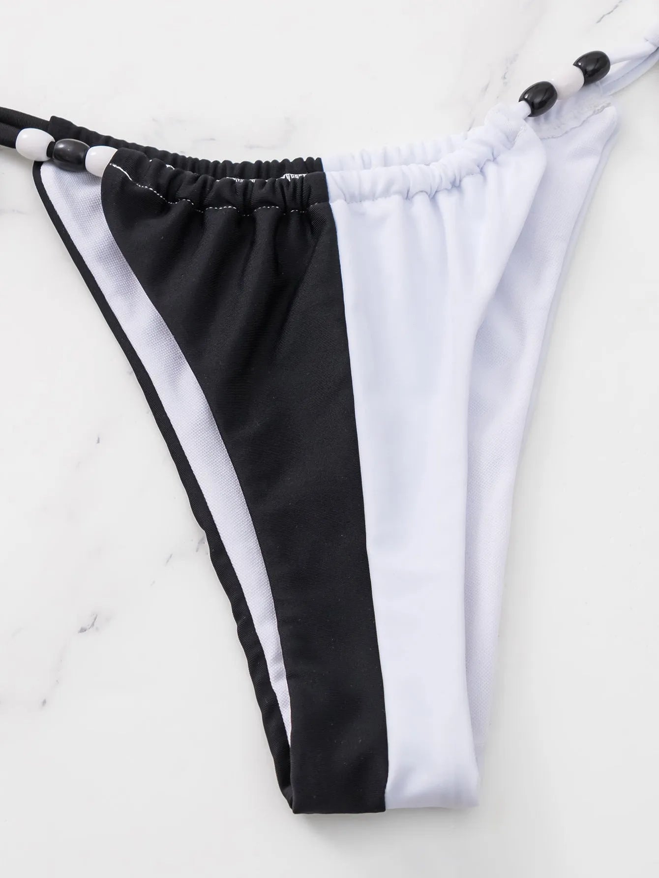 Black and white women's lace-up swimsuit bikini set with triangle cups
