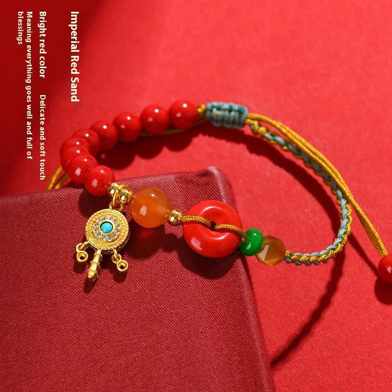Emperor red sand cinnabar bracelet with hand-woven peace buckle design