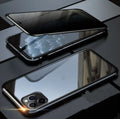 Black double-sided tempered glass magnetic clamshell case for iPhone shown open and closed.