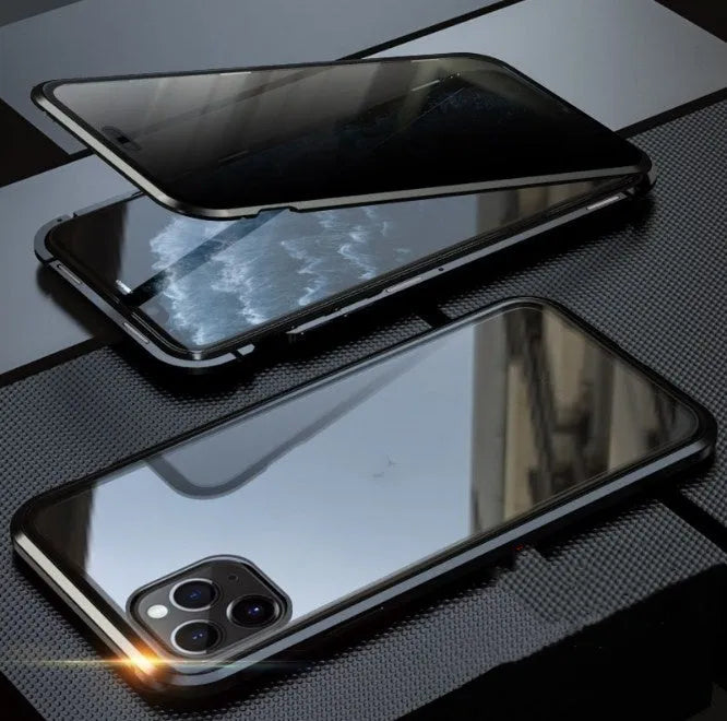 Black double-sided tempered glass magnetic clamshell case for iPhone shown open and closed.