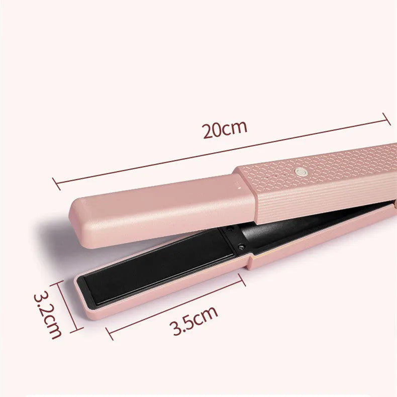 Pink and green mini cordless USB hair straightener and curler with ceramic plates.
