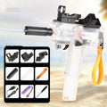 Uzi style electric water gun toy in transparent blue plastic with attached tactical sight and long barrel.