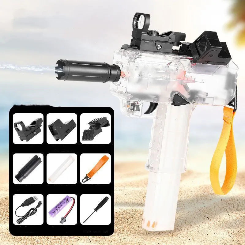Uzi style electric water gun toy in transparent blue plastic with attached tactical sight and long barrel.