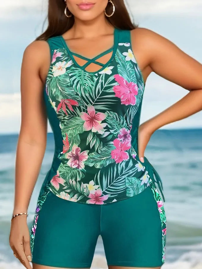 Plus size floral printed bikini with high waist brief and conservative backless design in navy blue colour