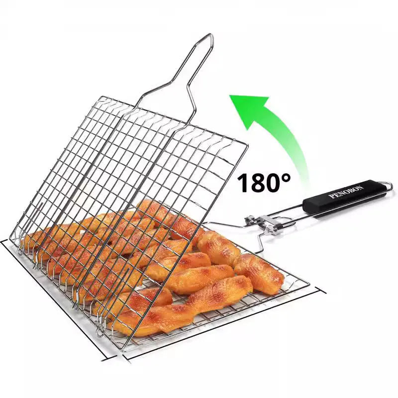 Square folding stainless steel wire mesh basket for barbecues with a cleaning brush.